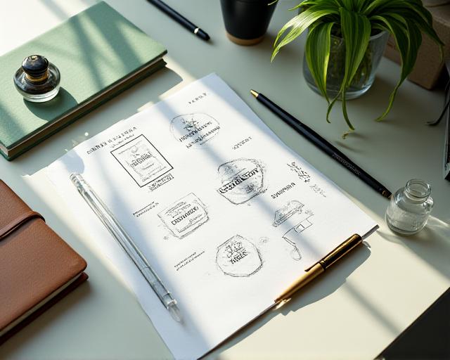 Creative studio workspace with sketches and ink pens